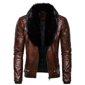 Thiago™ - Blouson Aviateur en Cuir Marron avec Col en Fourrure Noire