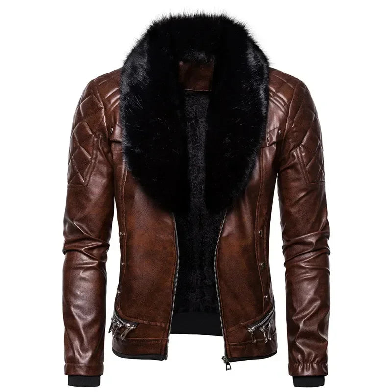 Thiago™ - Blouson Aviateur en Cuir Marron avec Col en Fourrure Noire