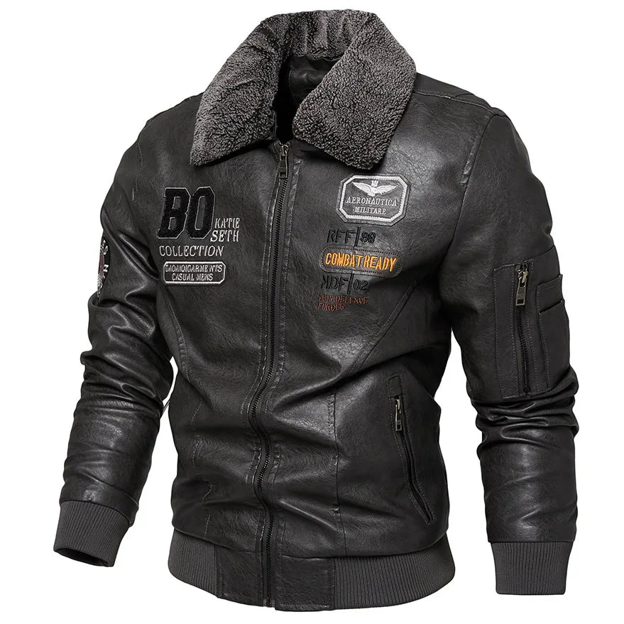 Raphaël™ - Blouson Aviateur en Cuir Noir avec Col Fourré