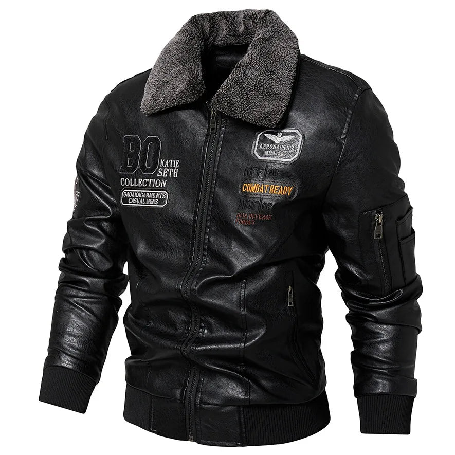 Raphaël™ - Blouson Aviateur en Cuir Noir avec Col Fourré