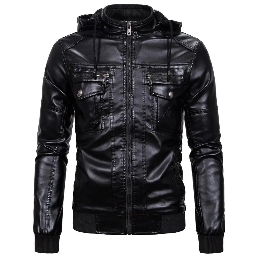 Nathan™ - Blouson en Cuir Noir avec Capuche Amovible